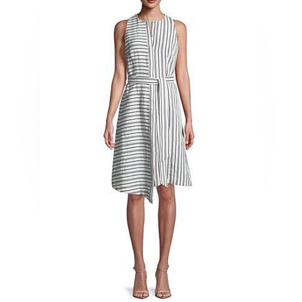 Milly Morgan Narrow stripe sleeveless dress navy and cream size 8. Made in USA